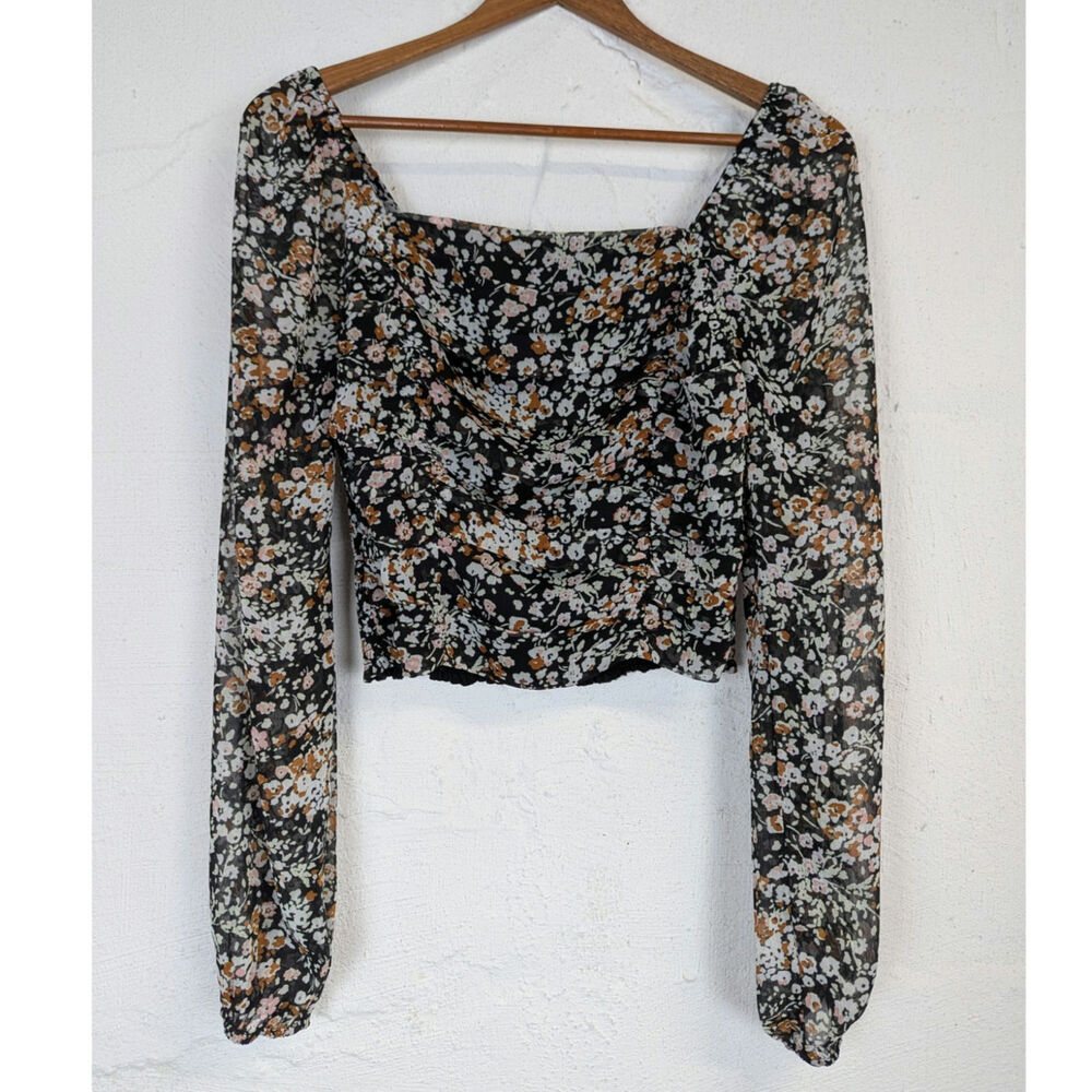 Lulus Floral Cropped Blouse Dark Ruched Sheer Sleeves Cottage Milkmaid Small